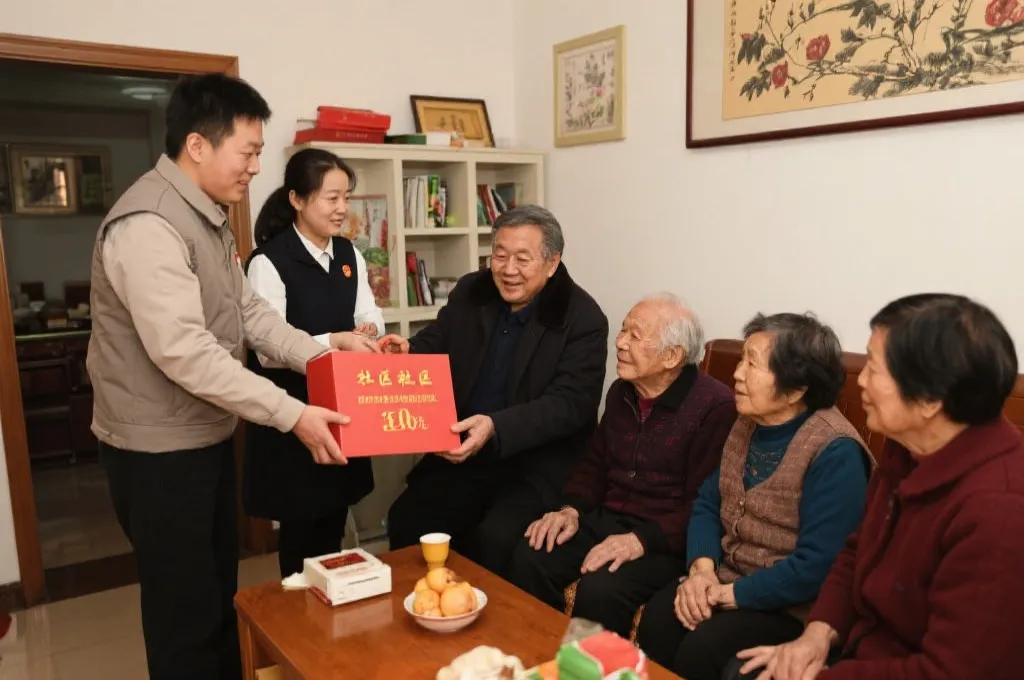 社区工作人员走访慰问老人，环境温馨友好